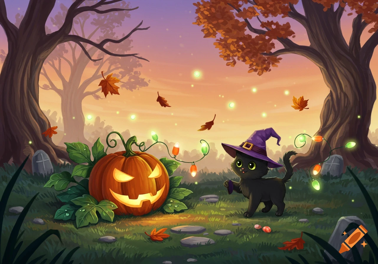 A cute black cat in a witch hat next to a glowing jack-o'-lantern in a whimsical autumn forest at sunset.