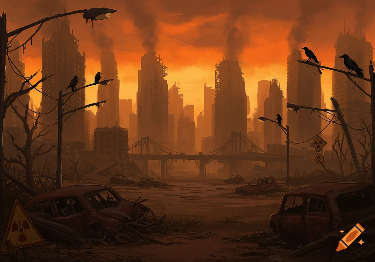 A desolate, post-apocalyptic cityscape with ruined buildings, a damaged bridge, abandoned cars, and crows under an orange, smoke-filled sky.