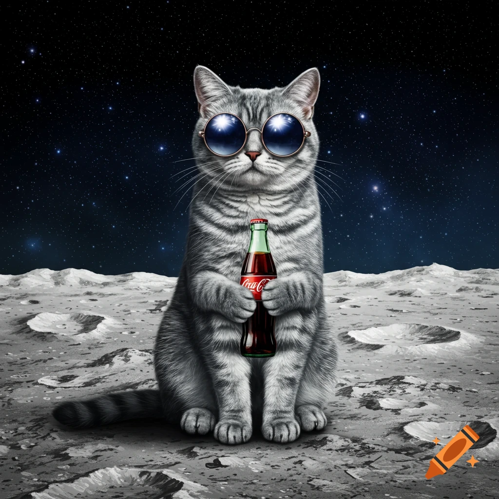A cool gray tabby cat with sunglasses sits on the moon, holding a Coca-Cola bottle under a starry sky.
