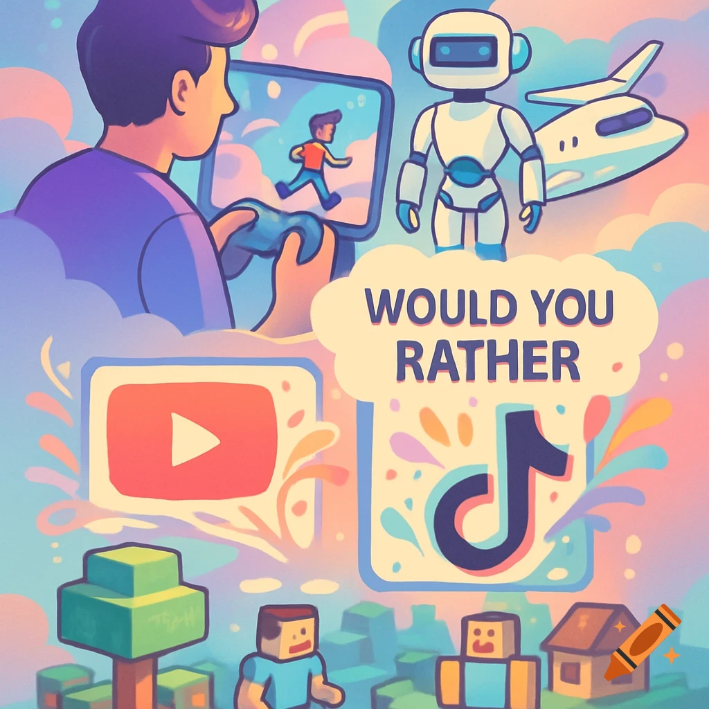 Cartoon illustration of a boy playing video games, a robot, a jet, YouTube and TikTok logos, and Minecraft/Roblox characters, with 'Would you rather' text.