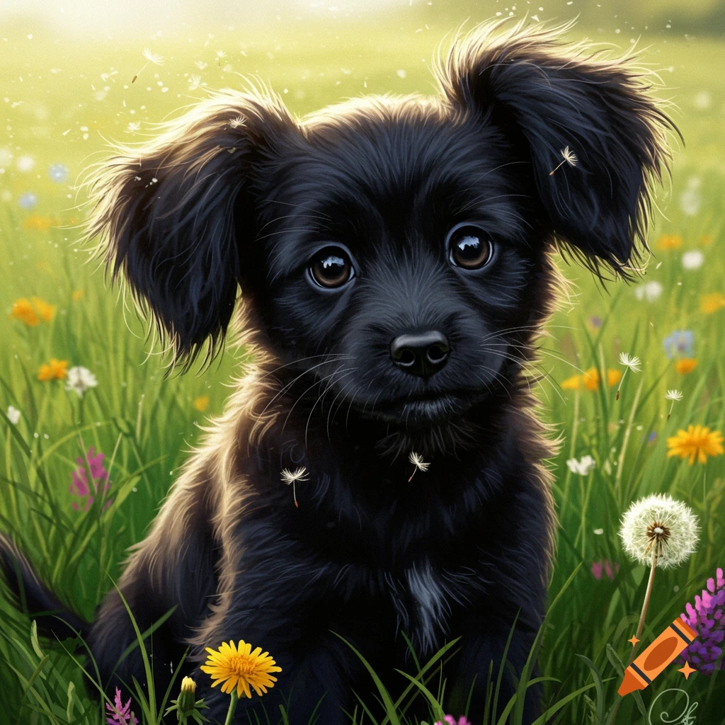 A cute black puppy with long ears sits in a sunny field of colorful wildflowers and dandelions.