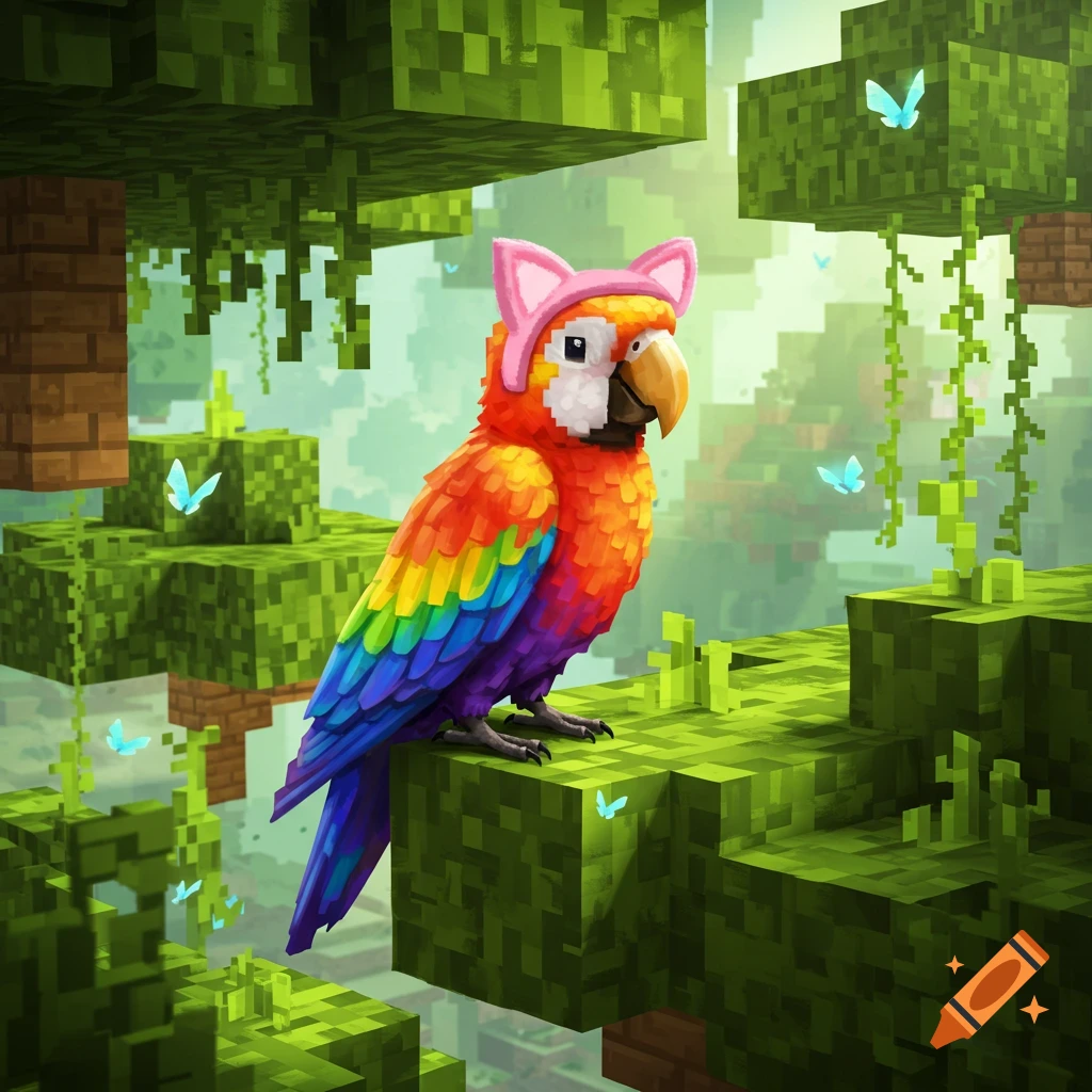 A colorful rainbow parrot with pink cat ears perches on a mossy block in a pixelated Minecraft jungle with butterflies.