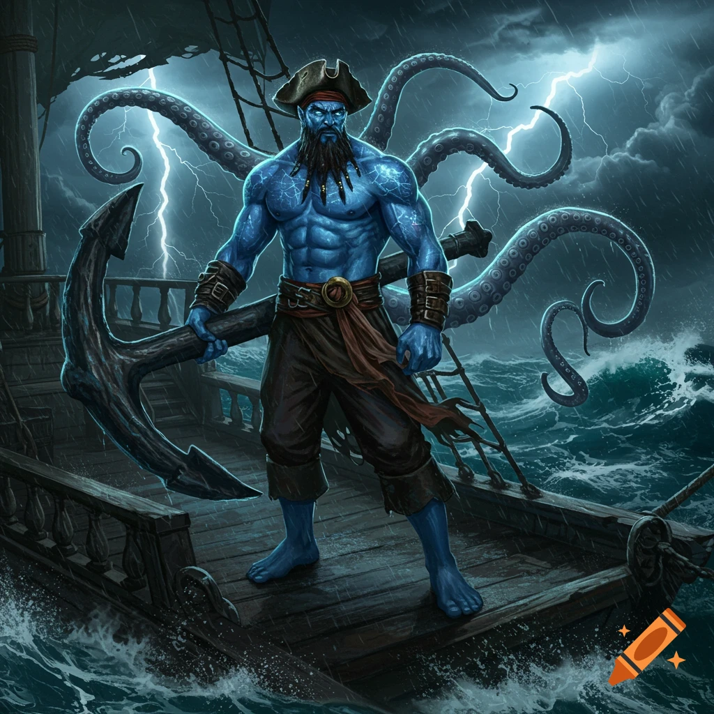 Blue-skinned pirate man with back tentacles, holding an anchor on a stormy ship with lightning in a fantasy illustration style.