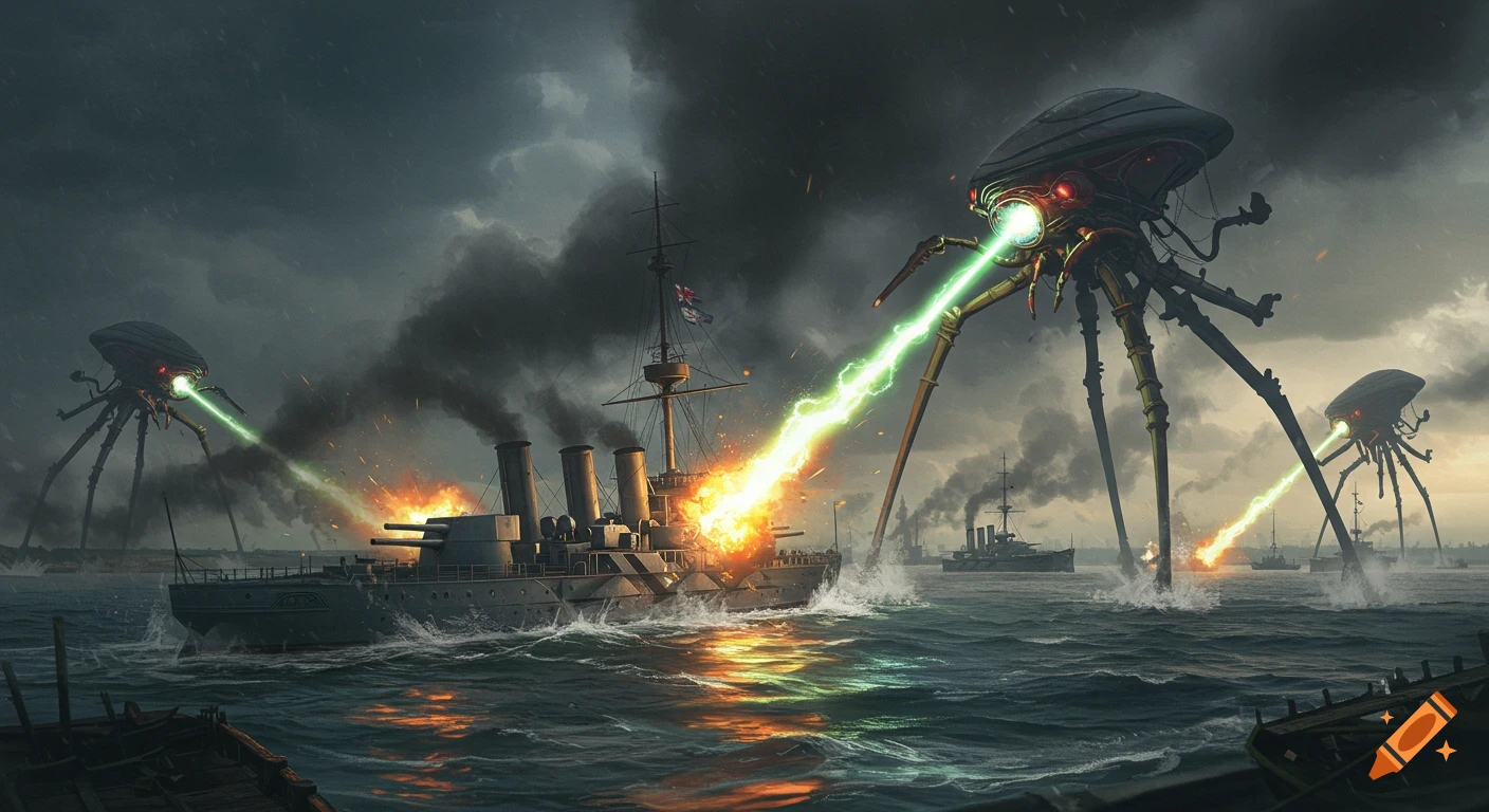 A dramatic scene of alien tripod fighting machines with green heat rays attacking British battleships on a stormy sea, with explosions and smoke.