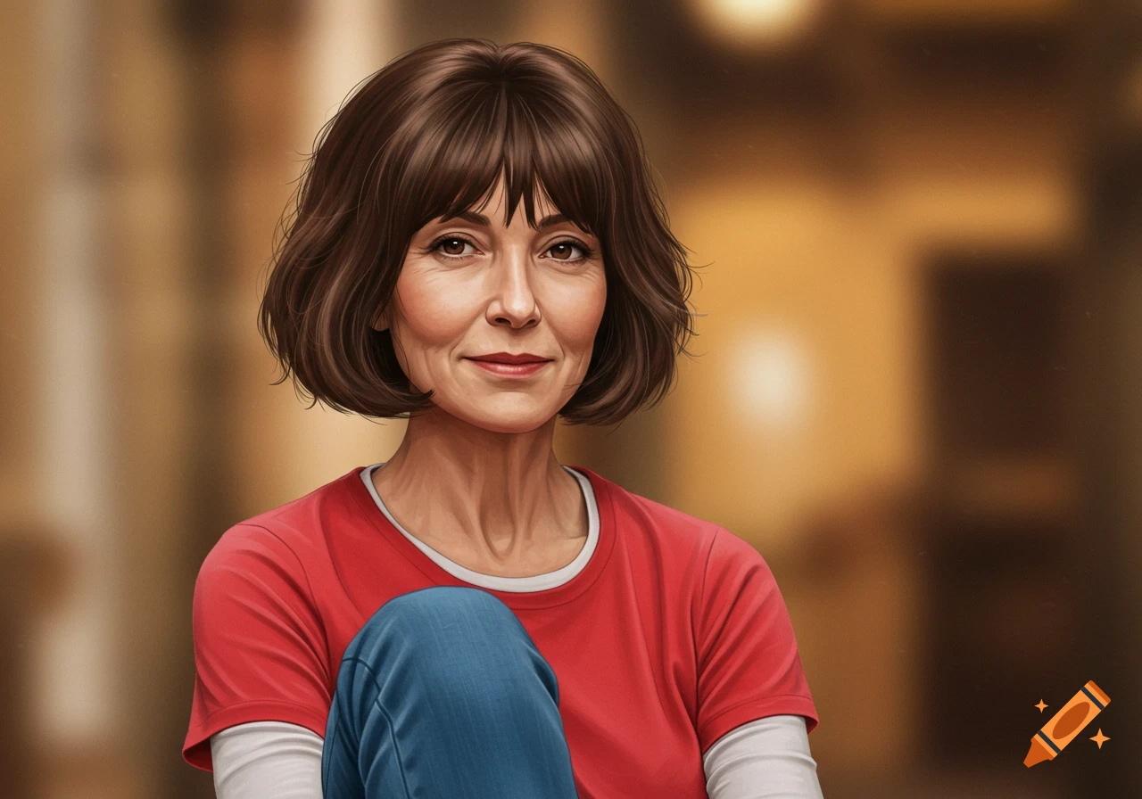 A digital painting portrait of a smiling woman with a brown bob haircut, wearing a red t-shirt over a white long-sleeved shirt and blue jeans.