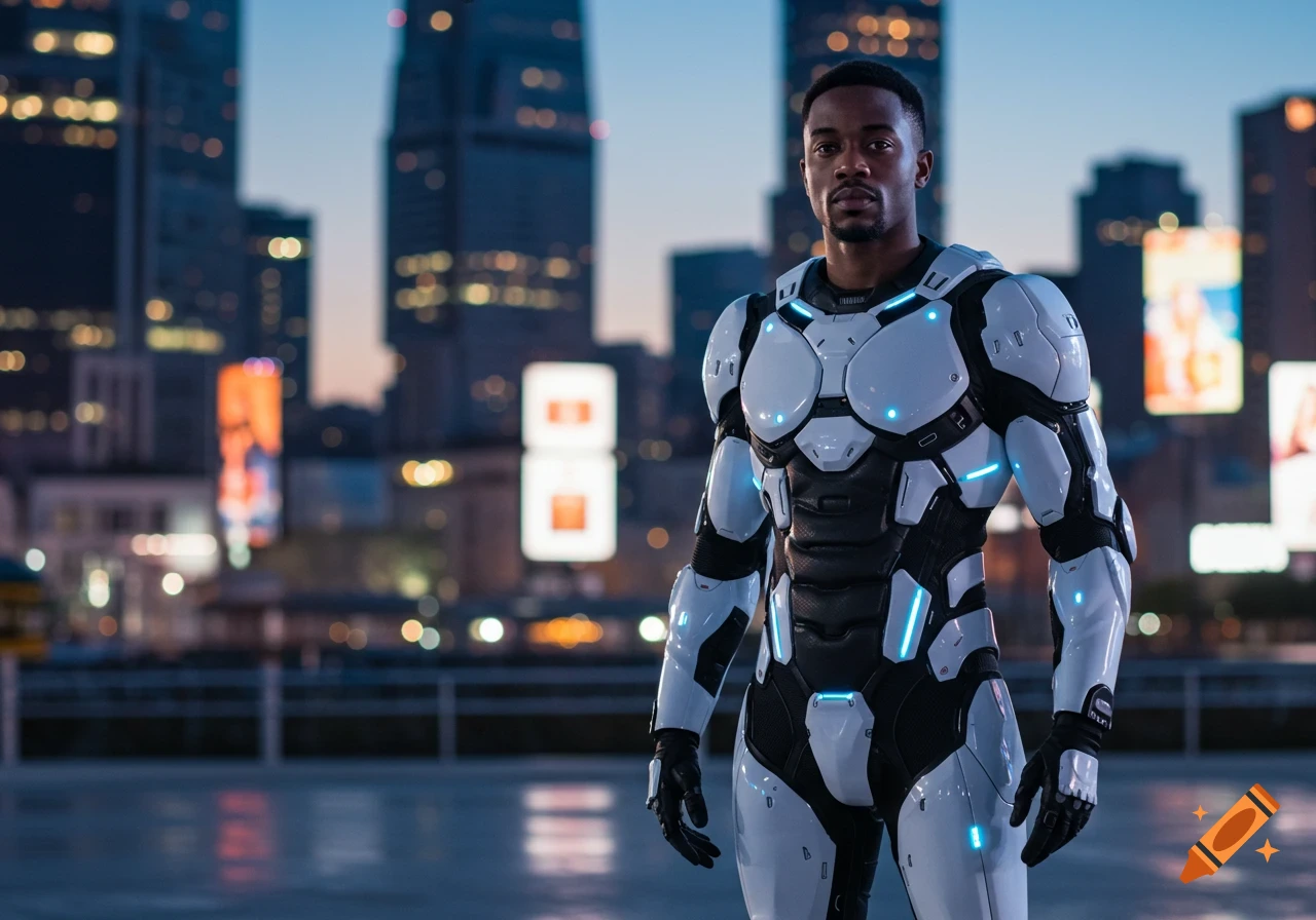 Photorealistic man in white futuristic armor with blue lights on a city rooftop at dusk.
