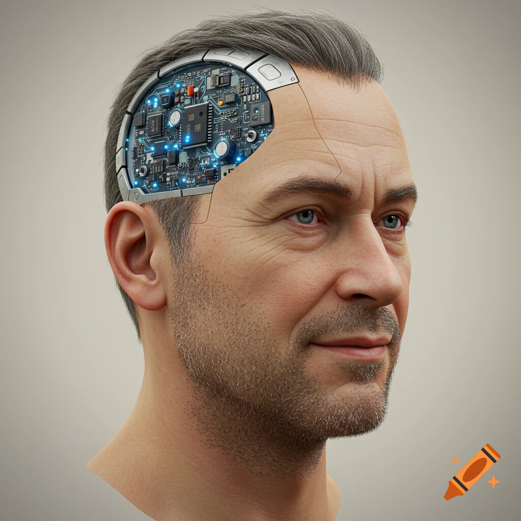 Photorealistic portrait of a man with a slight smile, his head revealing intricate electronic cyborg components inside.