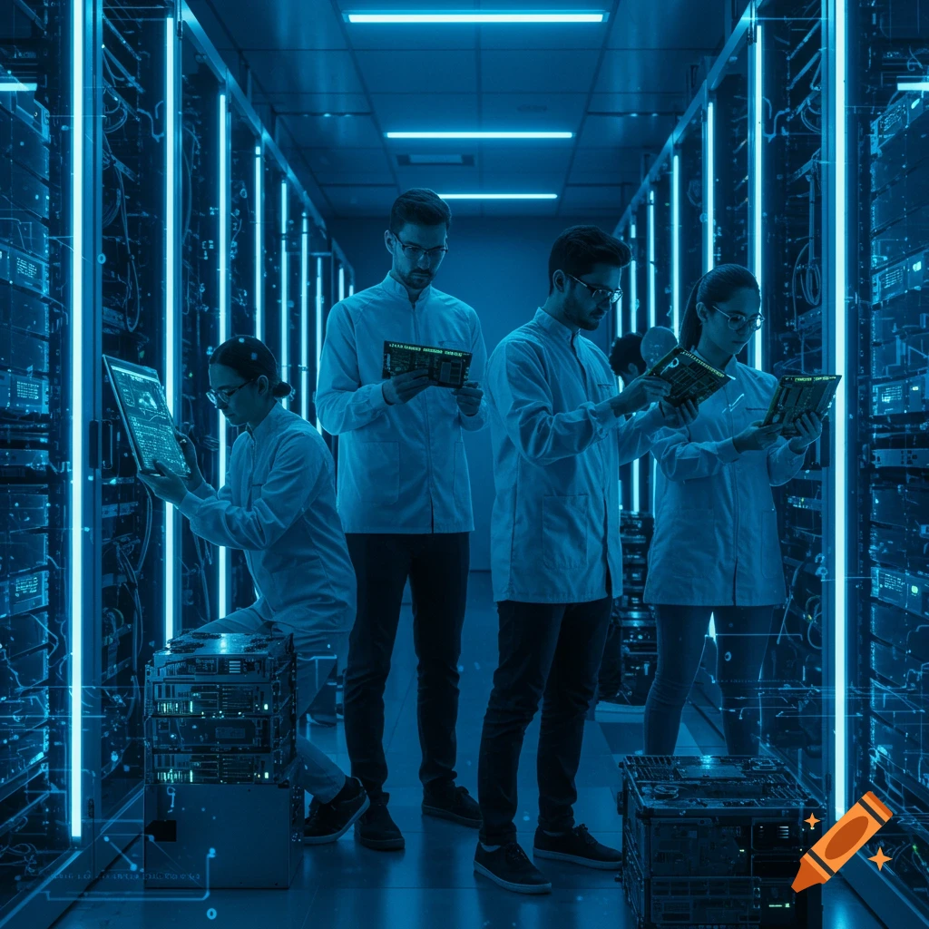 A team of engineers in white lab coats works with server components and screens in a blue-lit data center.