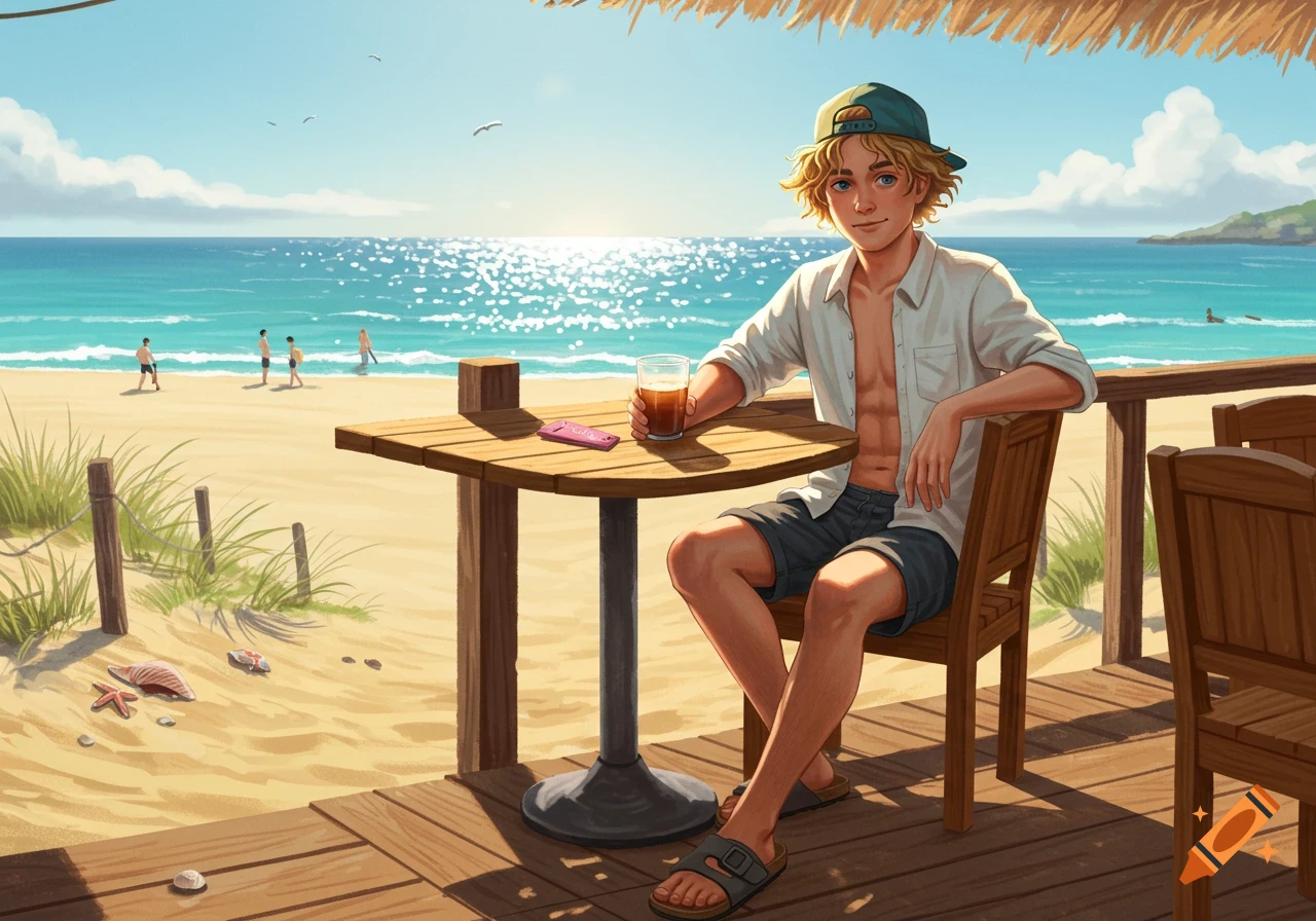 An illustrated blonde man in a cap and open shirt sits at a beachside table with a drink, overlooking the sunny ocean.