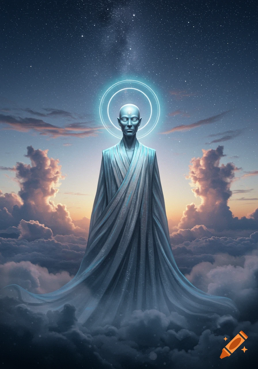 A pale blue-skinned, bald figure in flowing robes, with a glowing halo, stands on clouds under a starry night sky.