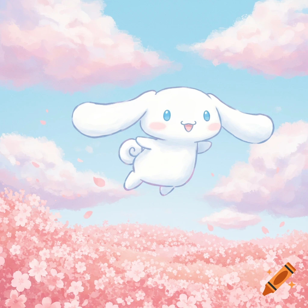 Cute cartoon Cinnamoroll flying above a field of pink cherry blossoms under a blue sky with pastel clouds.