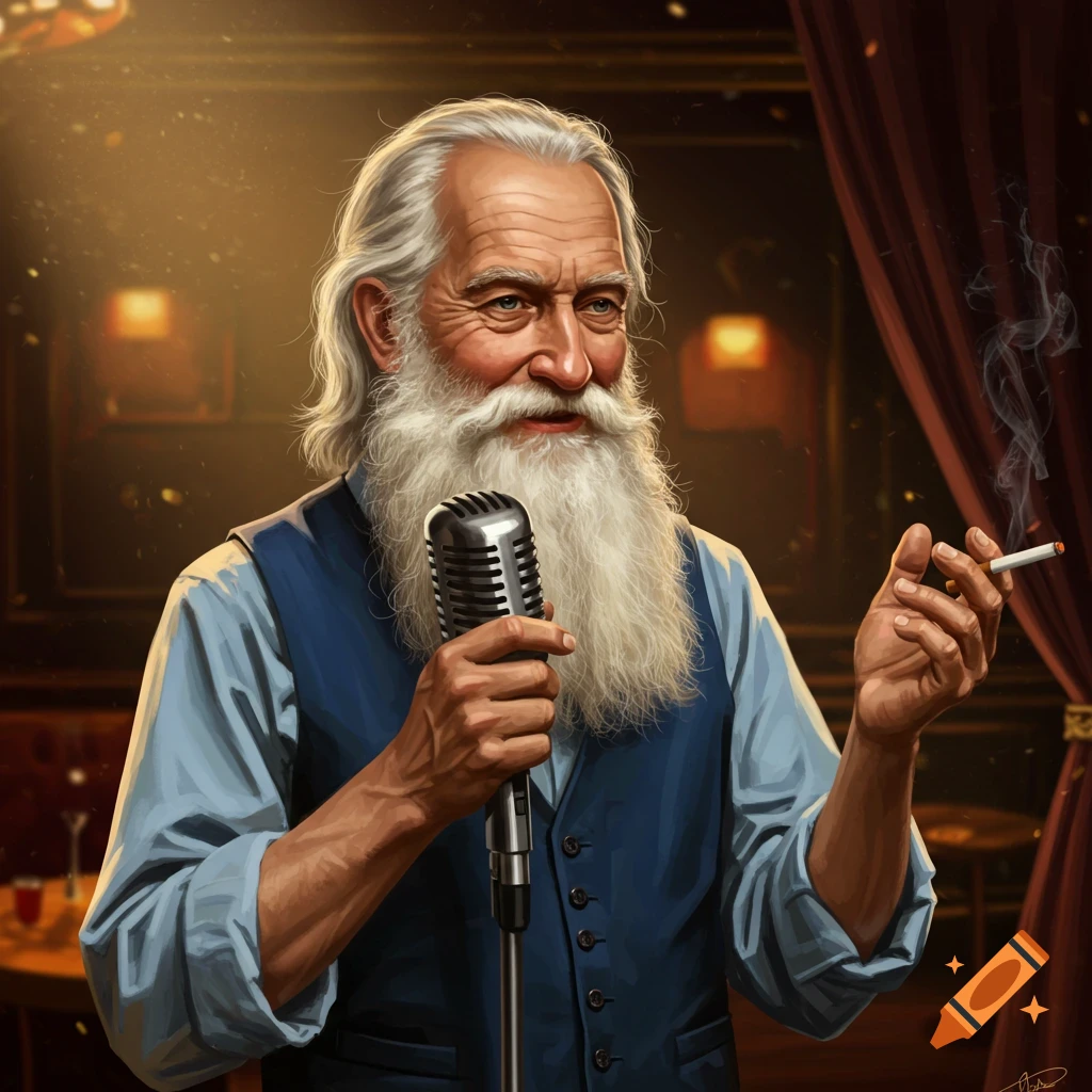 An old man with a long white beard and gray hair, wearing a blue shirt and vest, holds a vintage microphone and a lit cigarette, performing in a dimly lit venue.