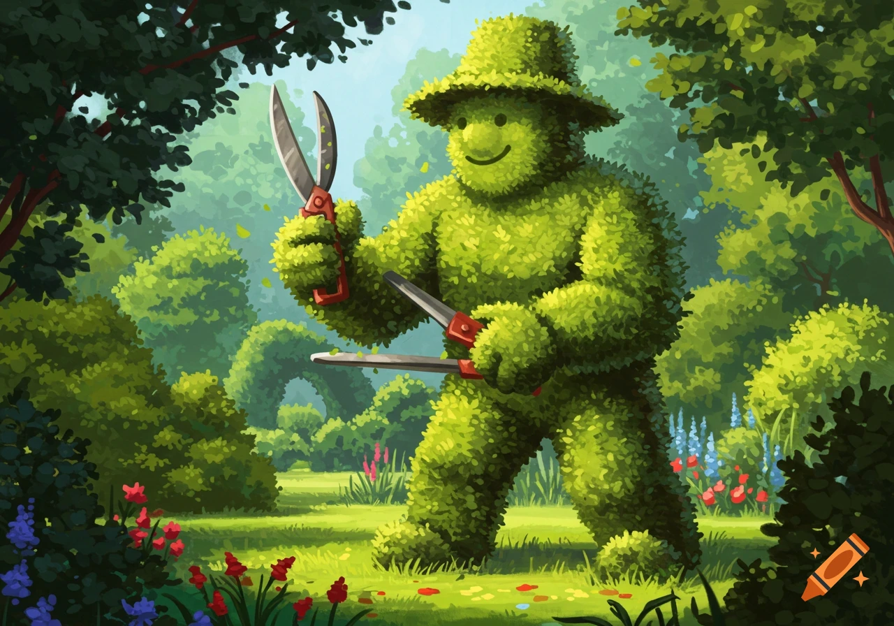 A cheerful, green bush-man wearing a hat, holding two large gardening shears in a lush, cartoon-style garden.