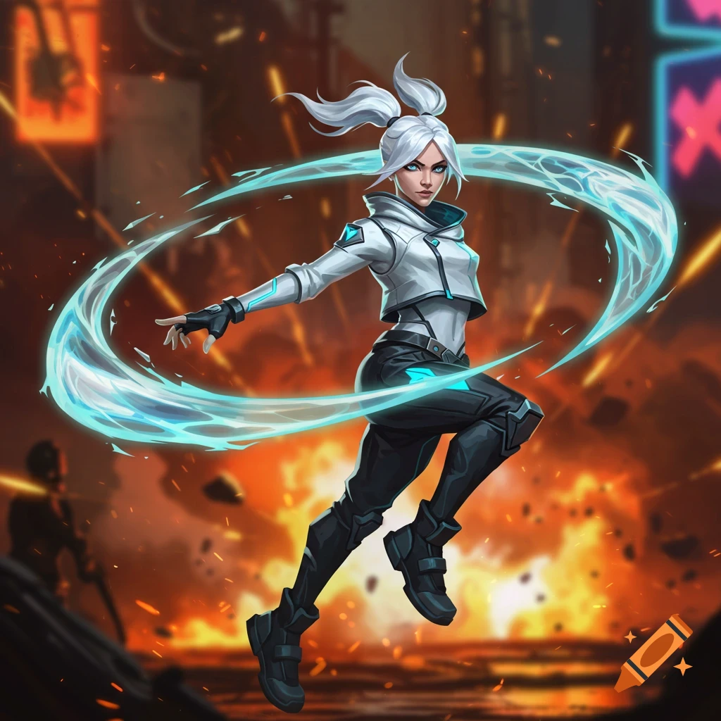 Stylized white-haired female character in white and black, with swirling blue energy, in an action pose against a fiery urban background.