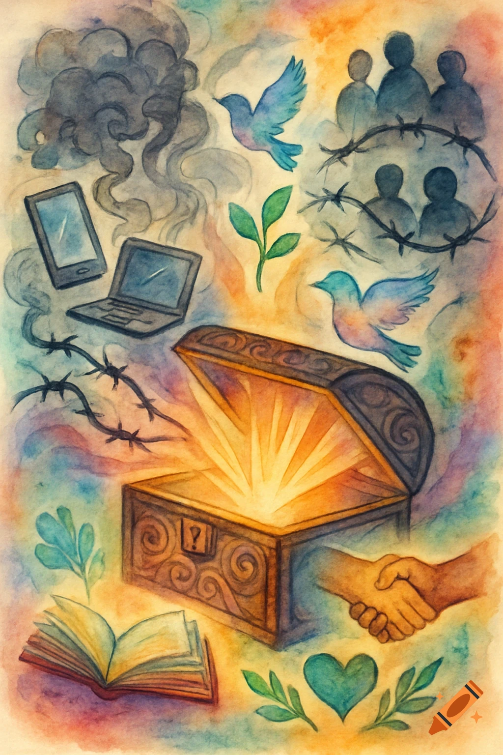 Colorful watercolor illustration of a glowing open wooden chest surrounded by symbols of modern evils and hopes.