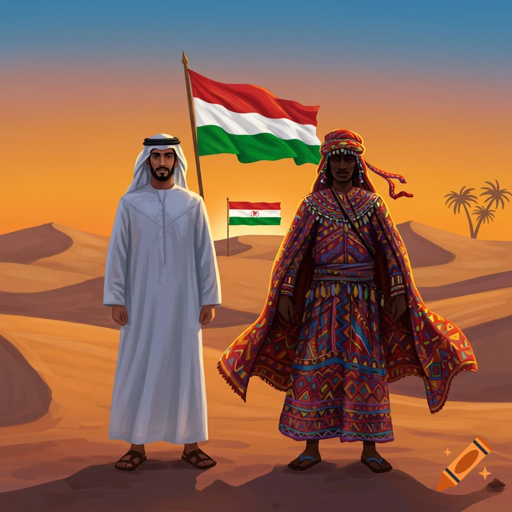 Two men in traditional Arabic and colorful African attire stand in a desert with a Hungarian flag and a smaller stylized Indian flag.