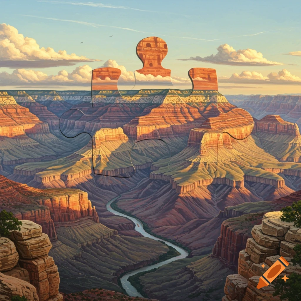 A vibrant painting of the Grand Canyon at sunset, with a large puzzle piece forming the central part of the canyon and sky.