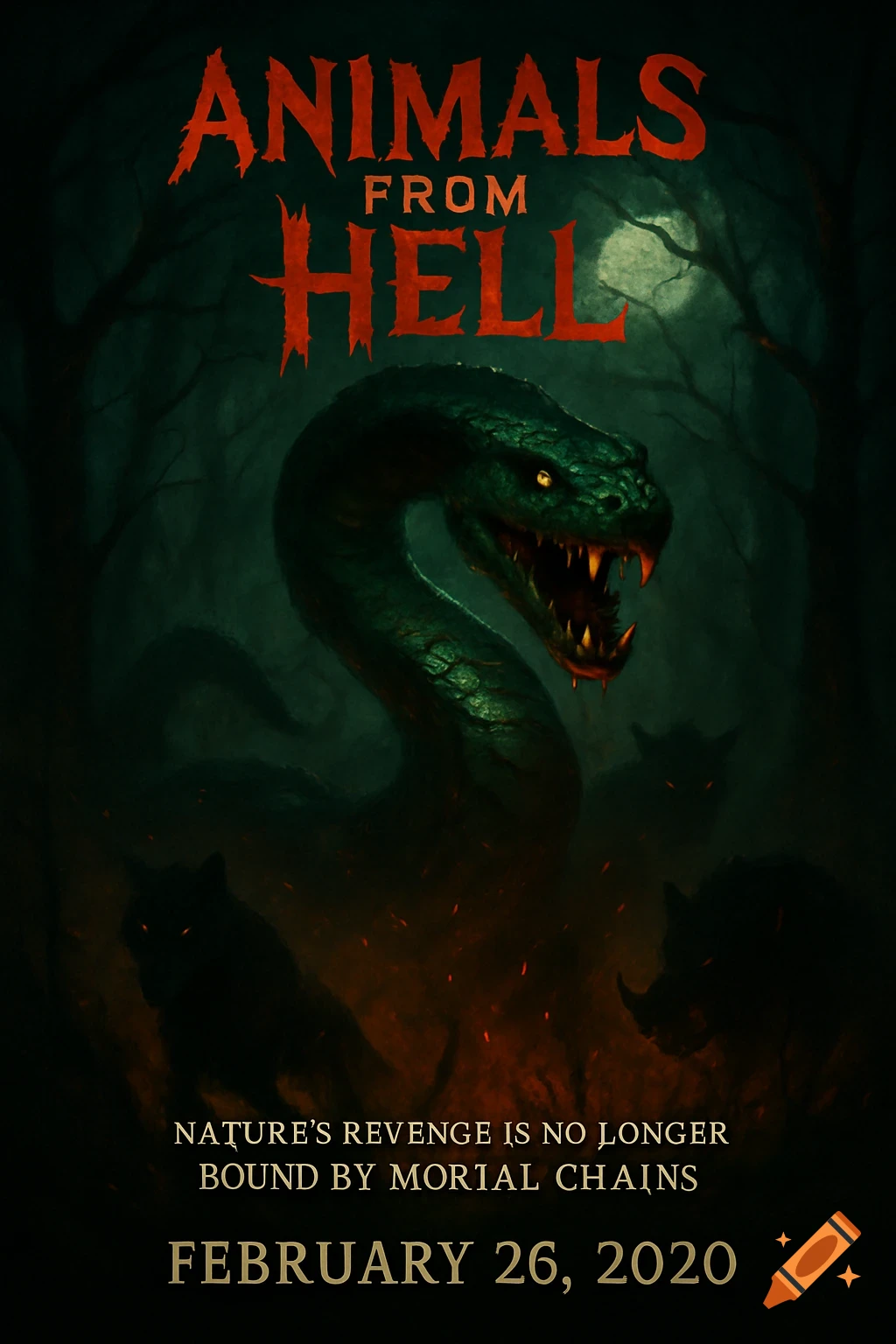 A dark, eerie horror movie poster for "Animals from Hell." A large, menacing green snake with glowing eyes and sharp teeth looms in a moonlit forest with shadowy animal figures amidst fire and smoke.