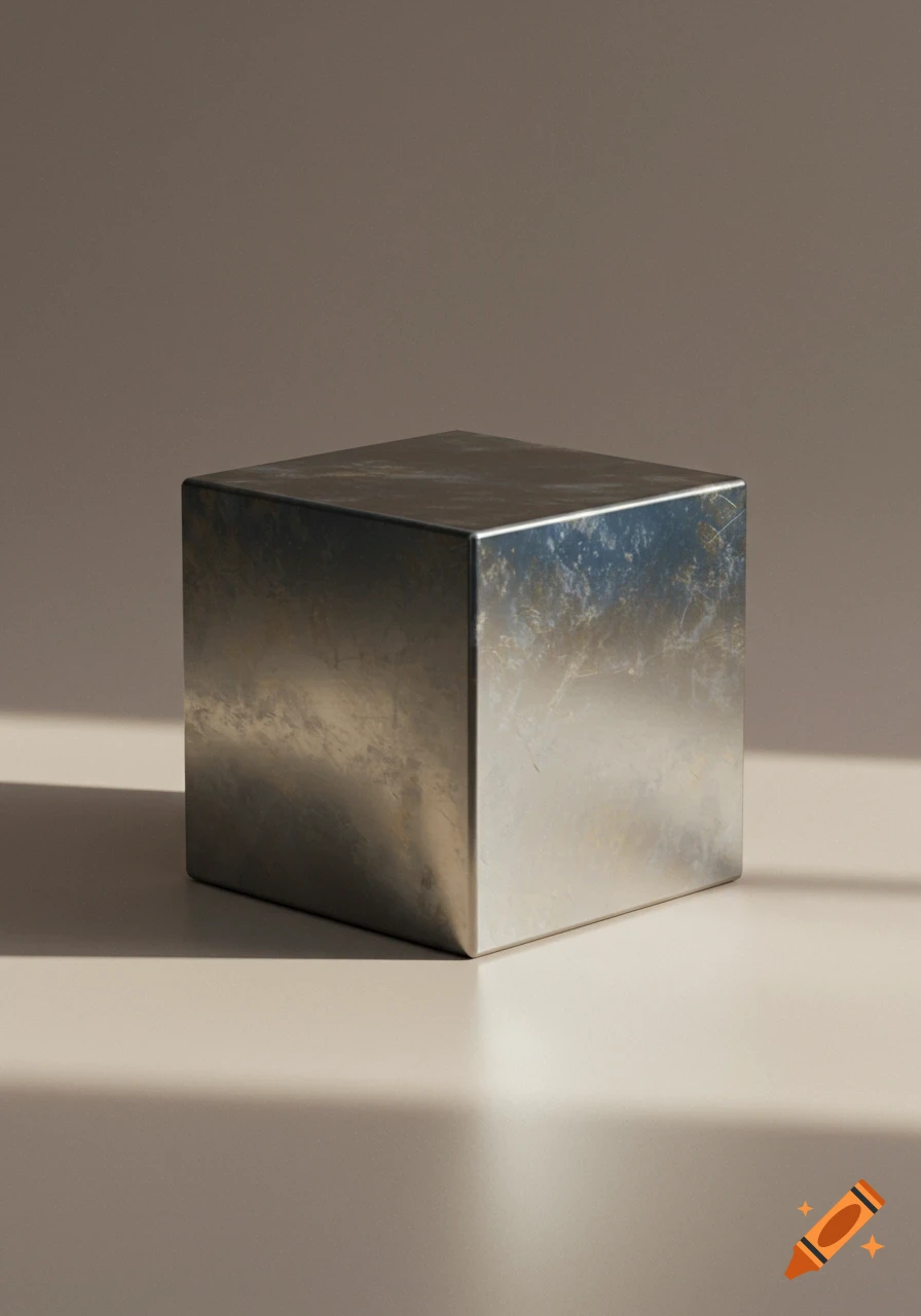 A photorealistic image of a metallic cube with a scratched, reflective surface, casting shadows on a light neutral background.