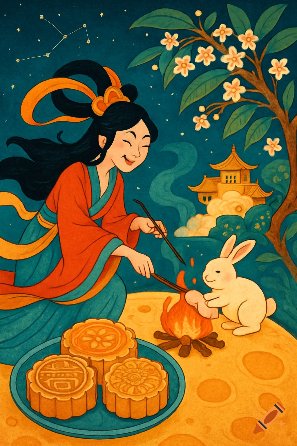 Illustration of Chang'e roasting a rabbit on the moon, with mooncakes, a flowering tree, and a temple in the background.