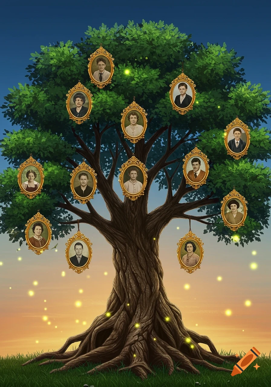 An illustrated family tree with oval, gold-framed ancestor portraits hanging from green branches, set against a sunrise sky with glowing lights.