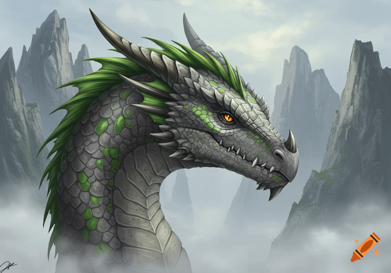 Close-up of a grey and green dragon's head and neck with orange eyes, against a misty mountain background. Detailed fantasy art.