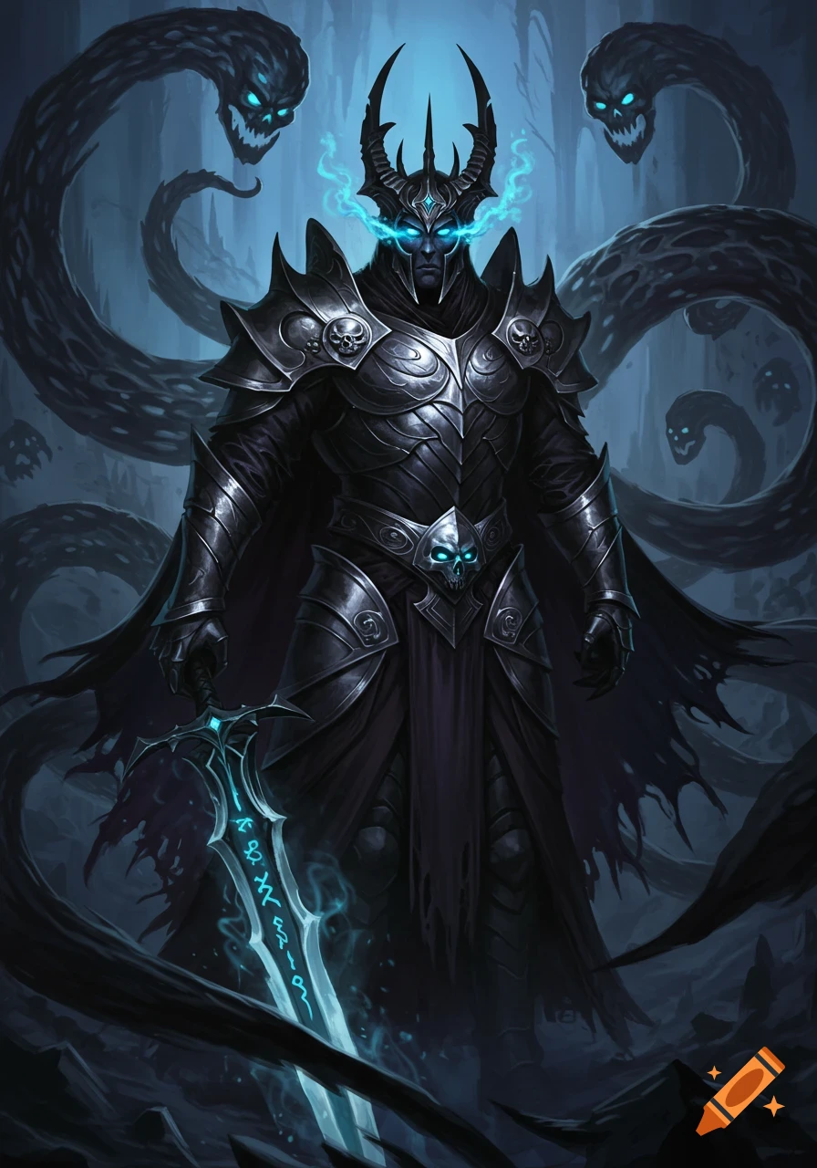 A dark fantasy monarch in ornate black armor with glowing blue eyes and a glowing runic sword, surrounded by shadowy snake creatures.