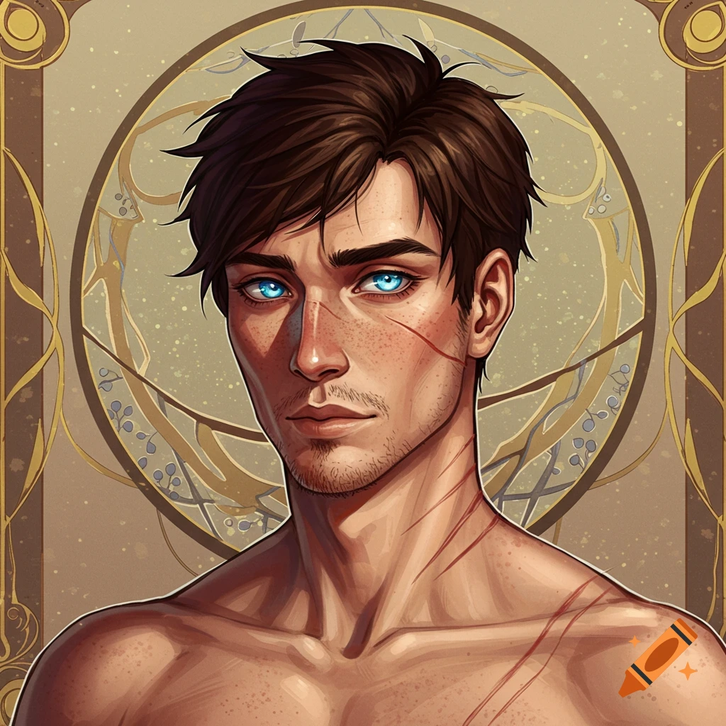 Art nouveau portrait of a man with brown hair, bright blue eyes, freckles, stubble, and scars on his face and chest.