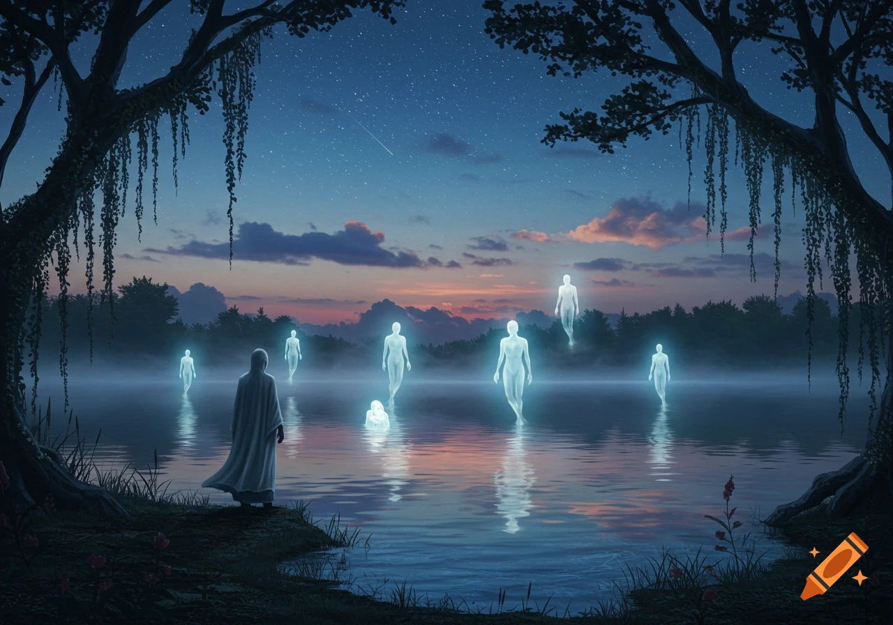 A cloaked figure stands by a misty lake at dusk, observing glowing, ethereal spirits walking on water under a star-filled sky.