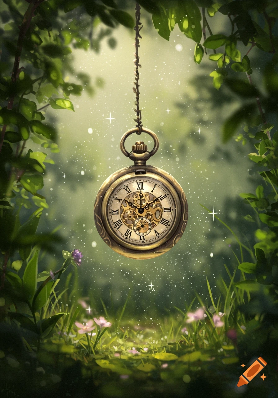 An ornate gold pocket watch with Roman numerals hangs from a vine in a magical, lush green forest with sparkling dust.