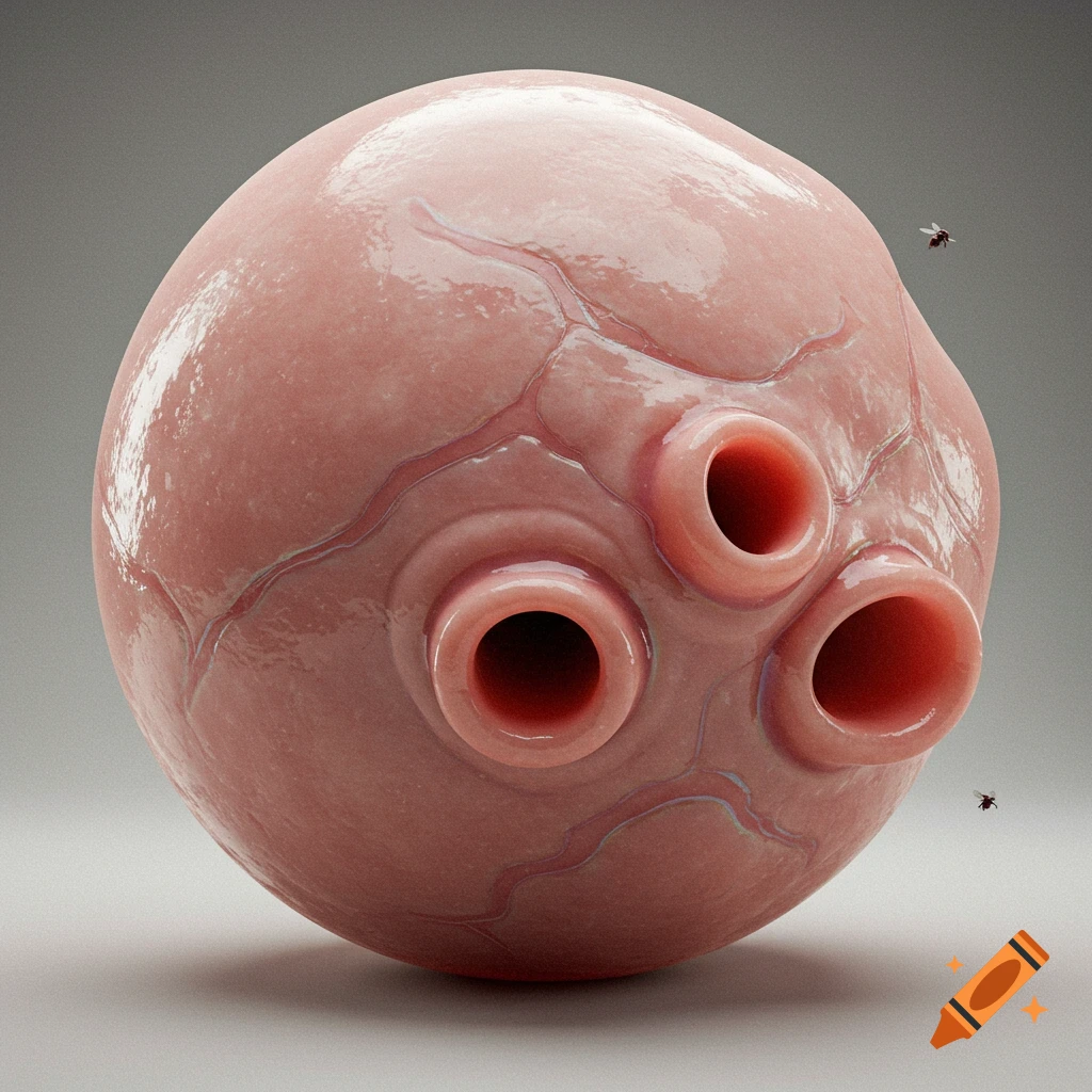 A hyper-realistic, fleshy, pinkish-orange spherical organism with three tube-like openings and subtle veins, with two flies hovering nearby.