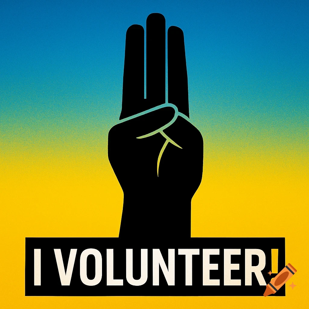 A black hand making a three-finger salute against a blue and yellow gradient background, with "I VOLUNTEER!" in white text below.
