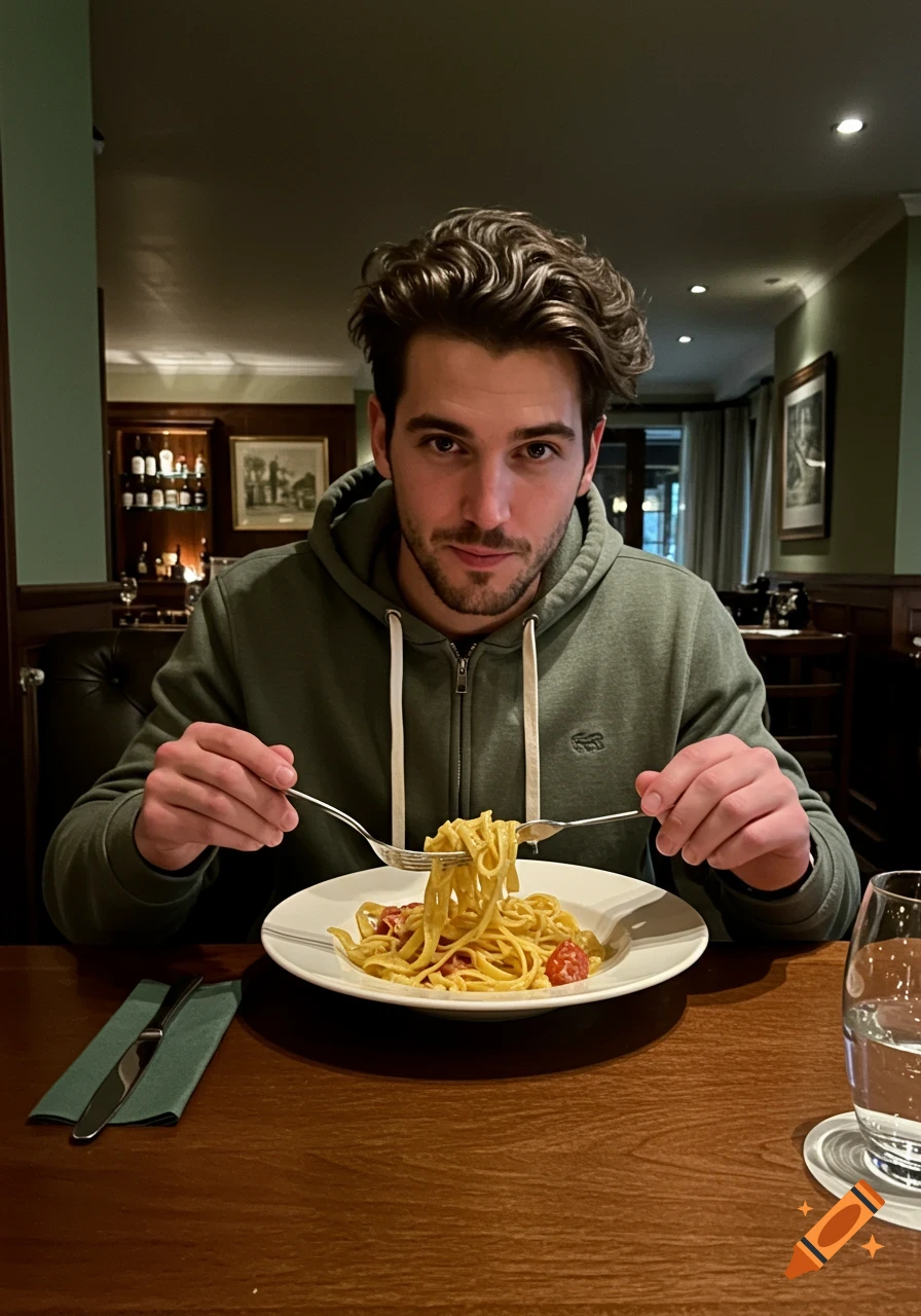 A man with dark hair and stubble, wearing an unzipped green hoodie, eats pasta in a dimly lit restaurant.