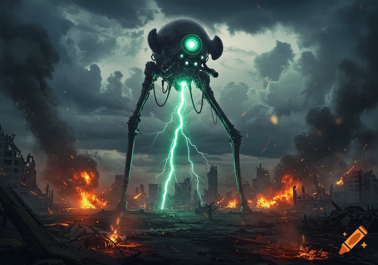 A giant alien tripod robot stands in a war-torn, burning city under a stormy sky, emitting a green lightning bolt.