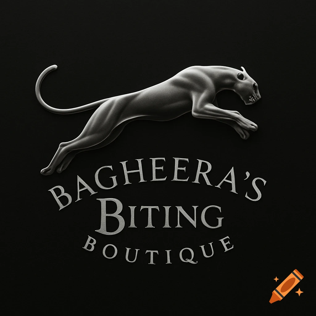 A metallic silver panther emblem leaps above the arched text 'Bagheera's Biting Boutique' on a dark background.