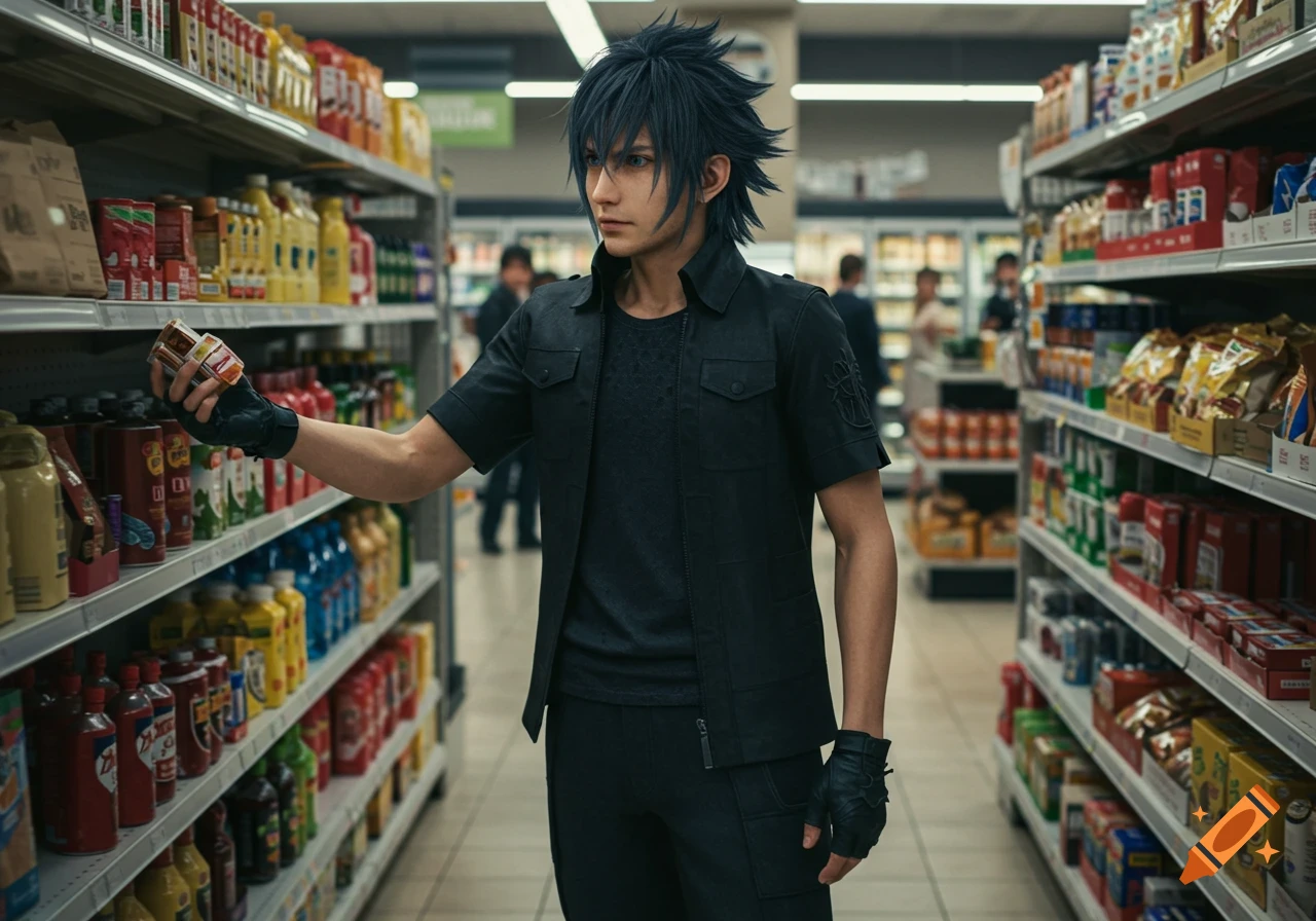 Noctis from Final Fantasy, a man with spiky dark hair and black clothing, stands in a supermarket aisle holding a small jar. Photorealistic style.