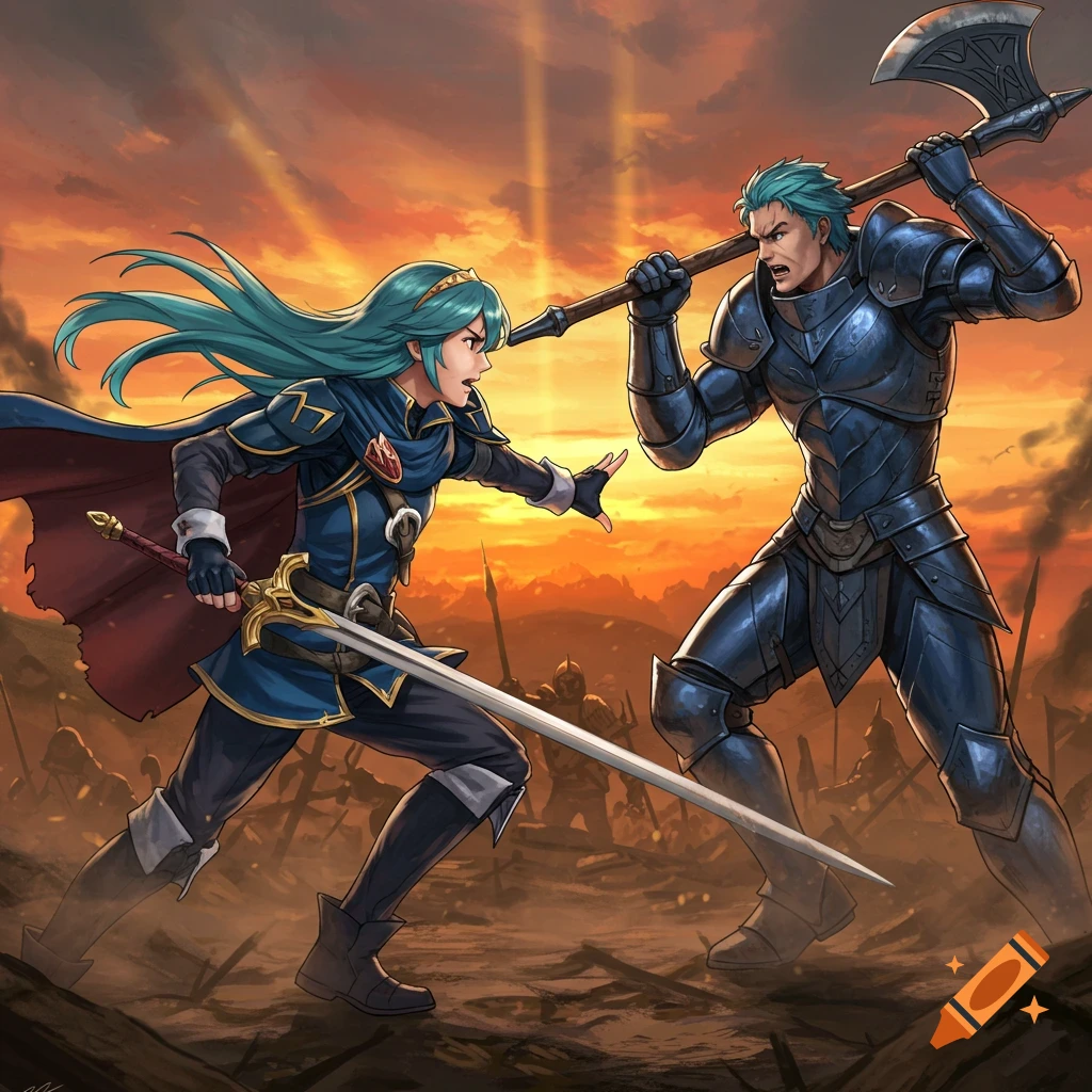 A female warrior with teal hair and a sword battles a male knight with an axe on a dusty battlefield under an orange sky.