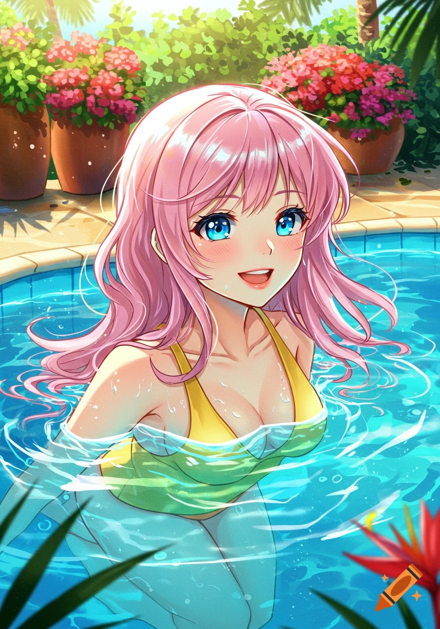 Anime girl with pink hair and blue eyes, smiling while swimming in a pool with flowers and greenery in the background.