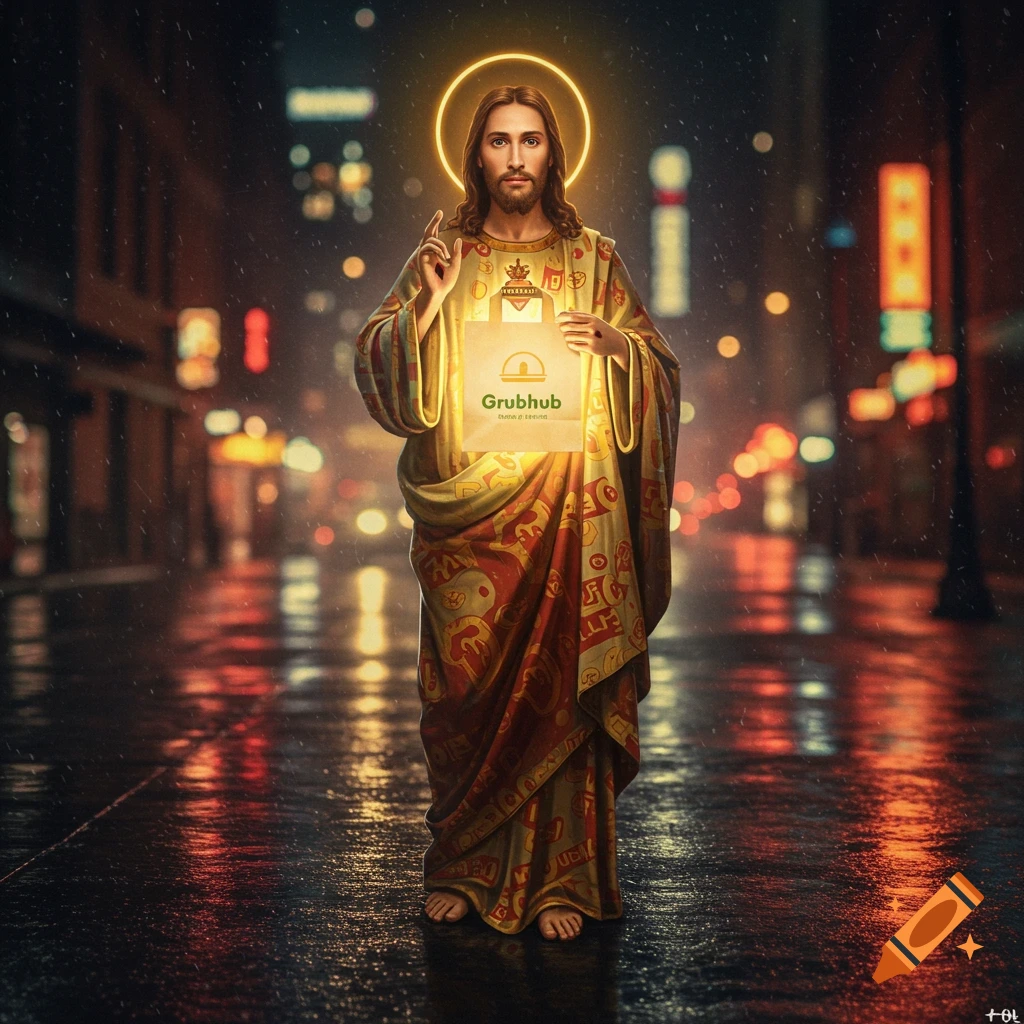 A photorealistic image of Jesus Christ with a glowing halo, standing on a rainy city street at night, holding a glowing Grubhub delivery bag.
