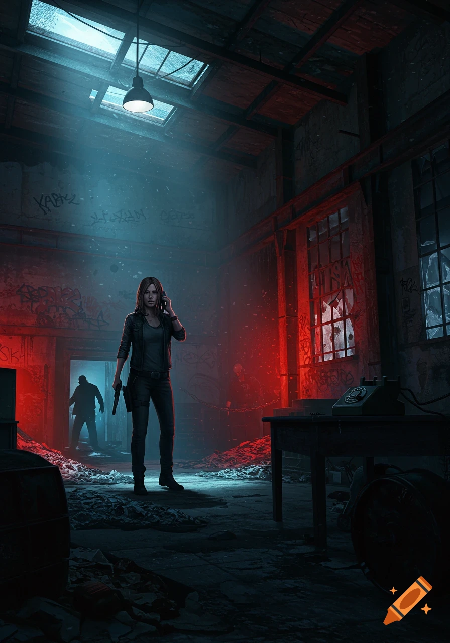 A woman holding a pistol talks on a phone in a dark, graffiti-covered warehouse, illuminated by red and blue light, with a silhouetted figure in a doorway.