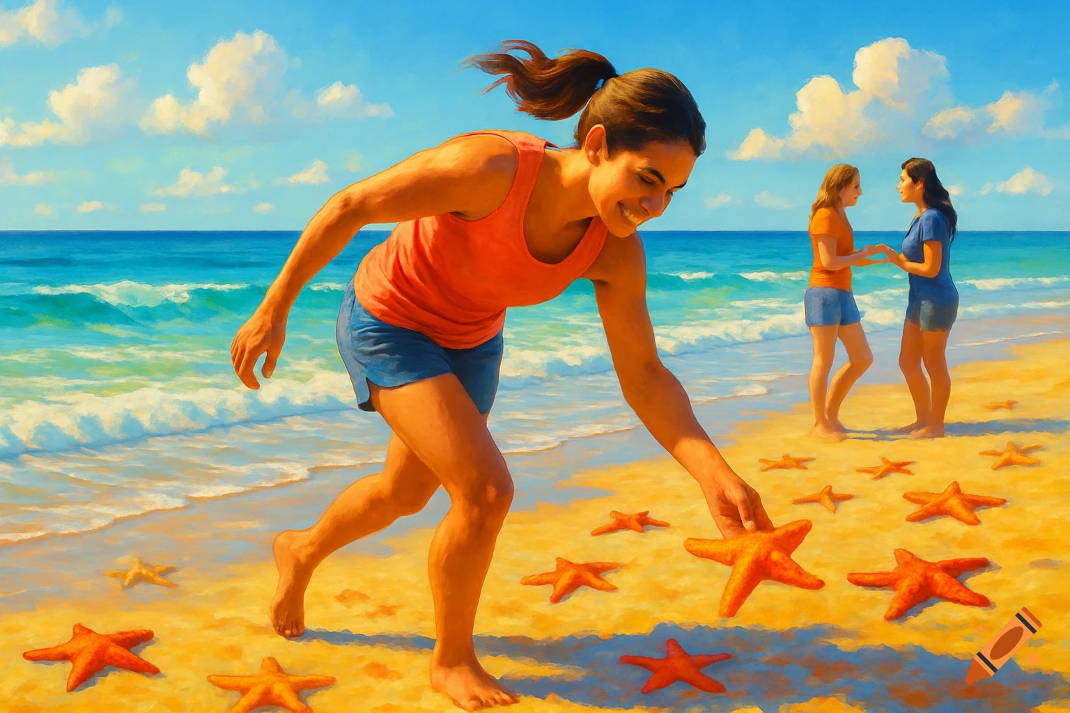 A woman in an orange top and blue shorts smiles while picking up a starfish on a sandy beach, with two women talking in the background, in a painterly style.