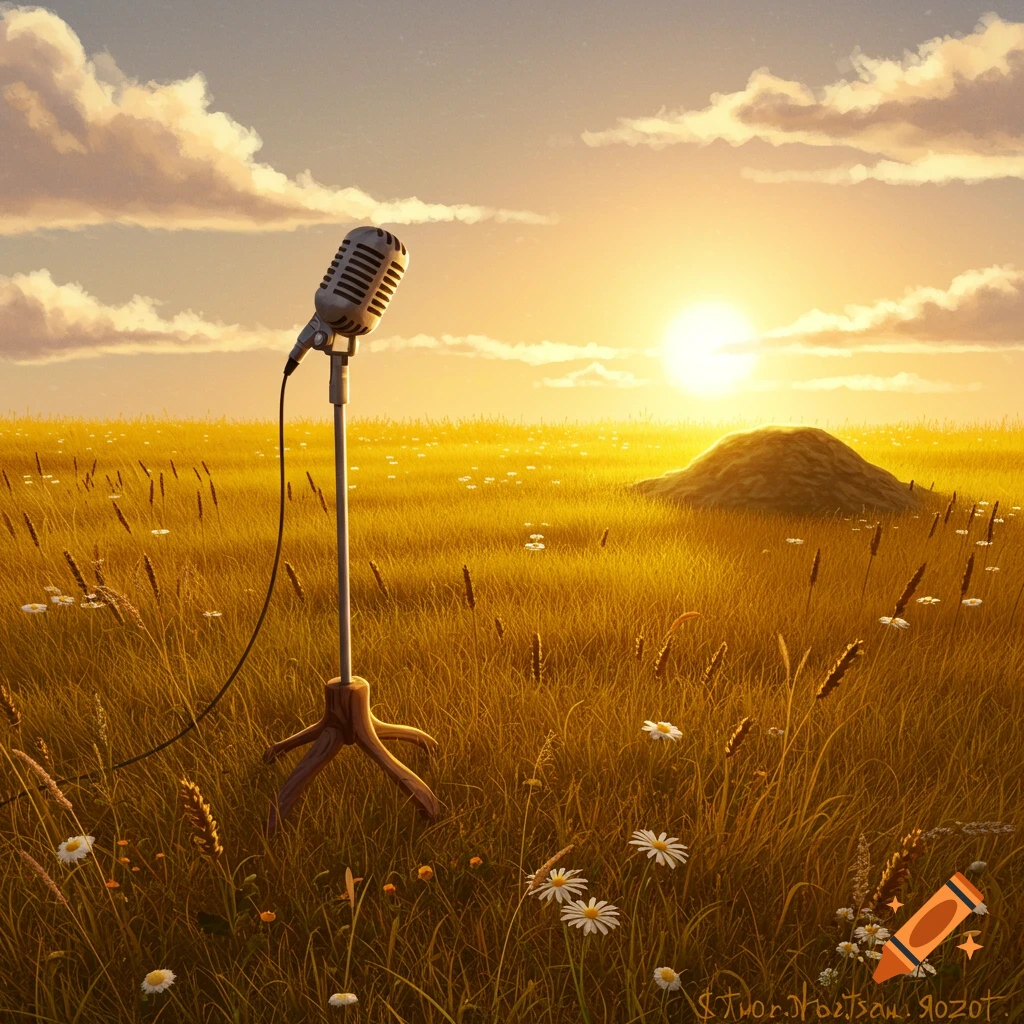 A vintage microphone on a stand in a golden wheat field with daisies at sunset, under a cloudy sky.