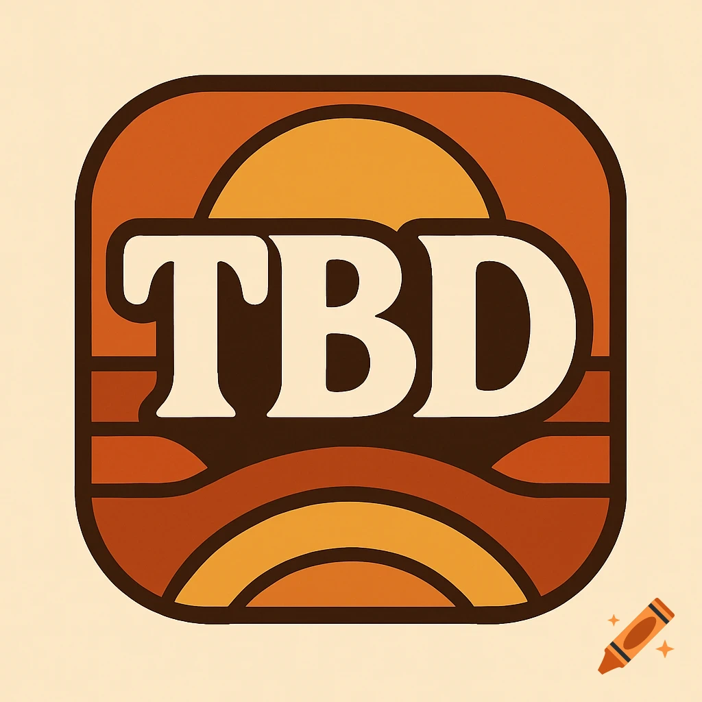 70s style logo featuring the text 'TBD' with a stylized sunrise and wave design in warm orange and brown tones.