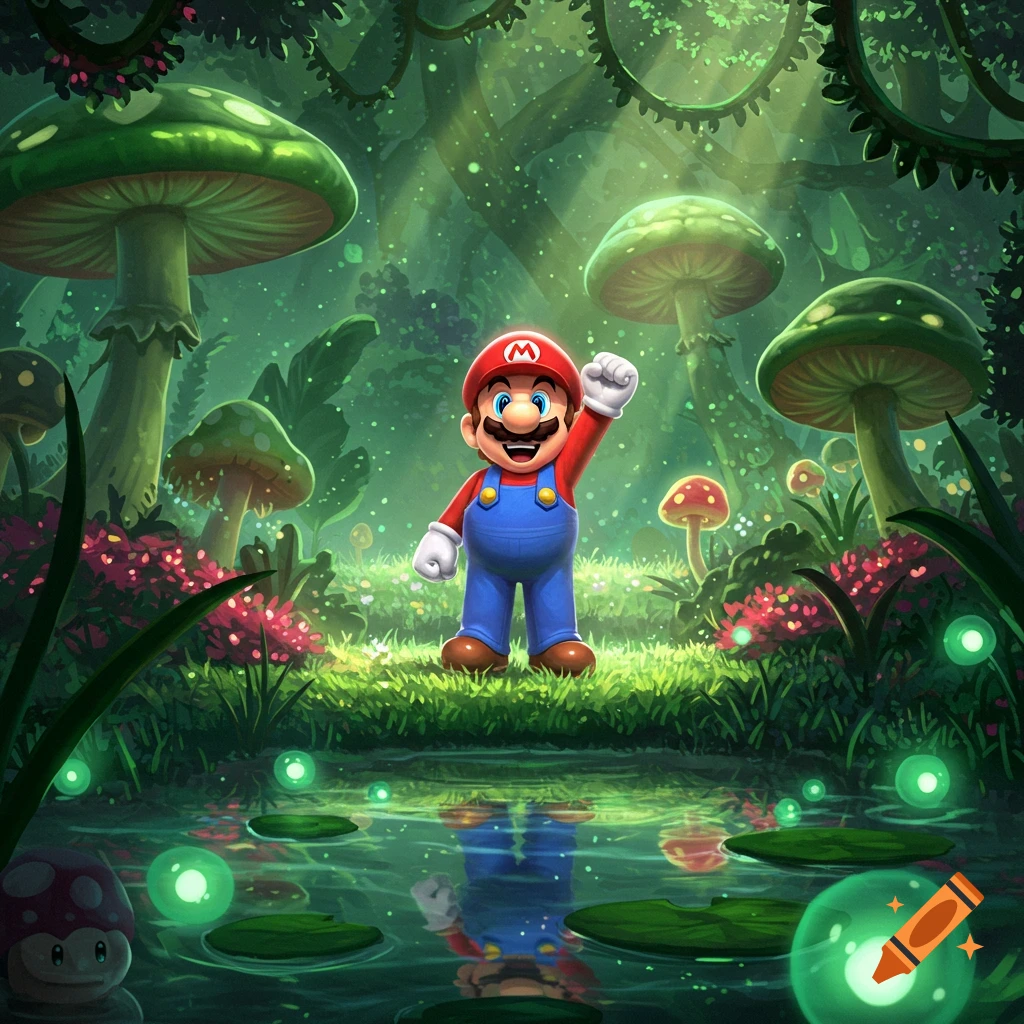 A vibrant illustration of Mario in a magical forest with glowing mushrooms, light beams, and a pond, raising his fist.