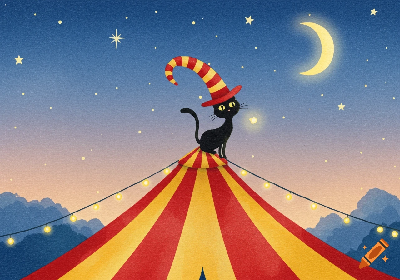 Stylized illustration of a black cat in a striped hat on a red and yellow circus tent under a starry night sky.