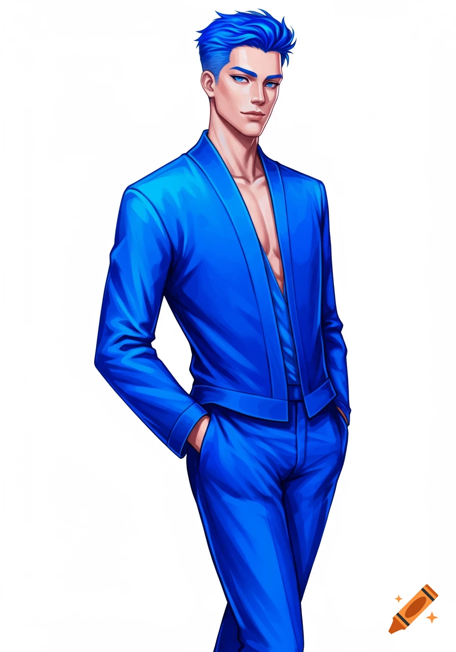 A stylized anime man with bright blue hair and eyes, wearing a royal blue open suit jacket and pants, with his hands in his pockets.