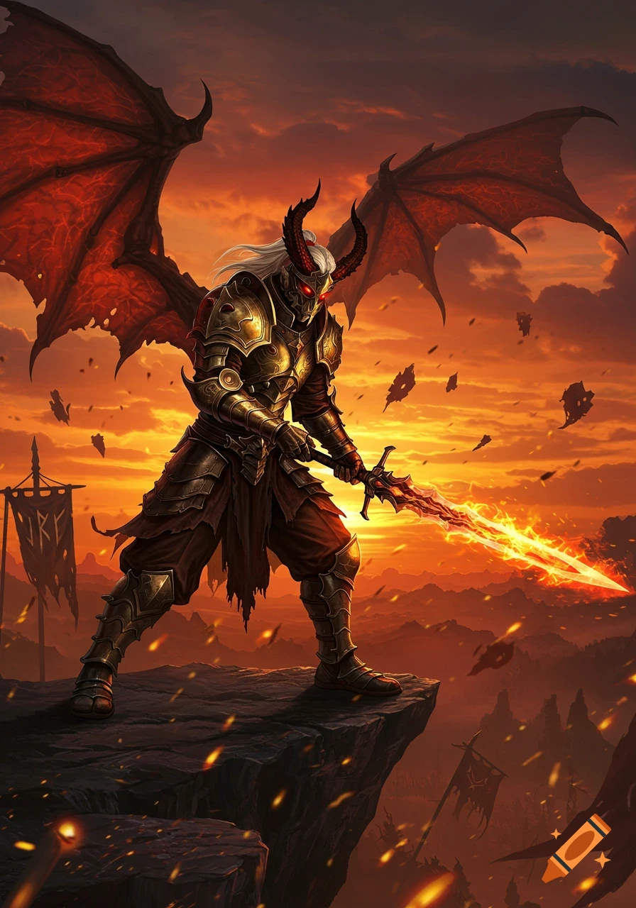 A demonic warrior in golden and red armor with red wings and horns stands on a cliff, holding a glowing fiery sword, against an orange, fiery sky.