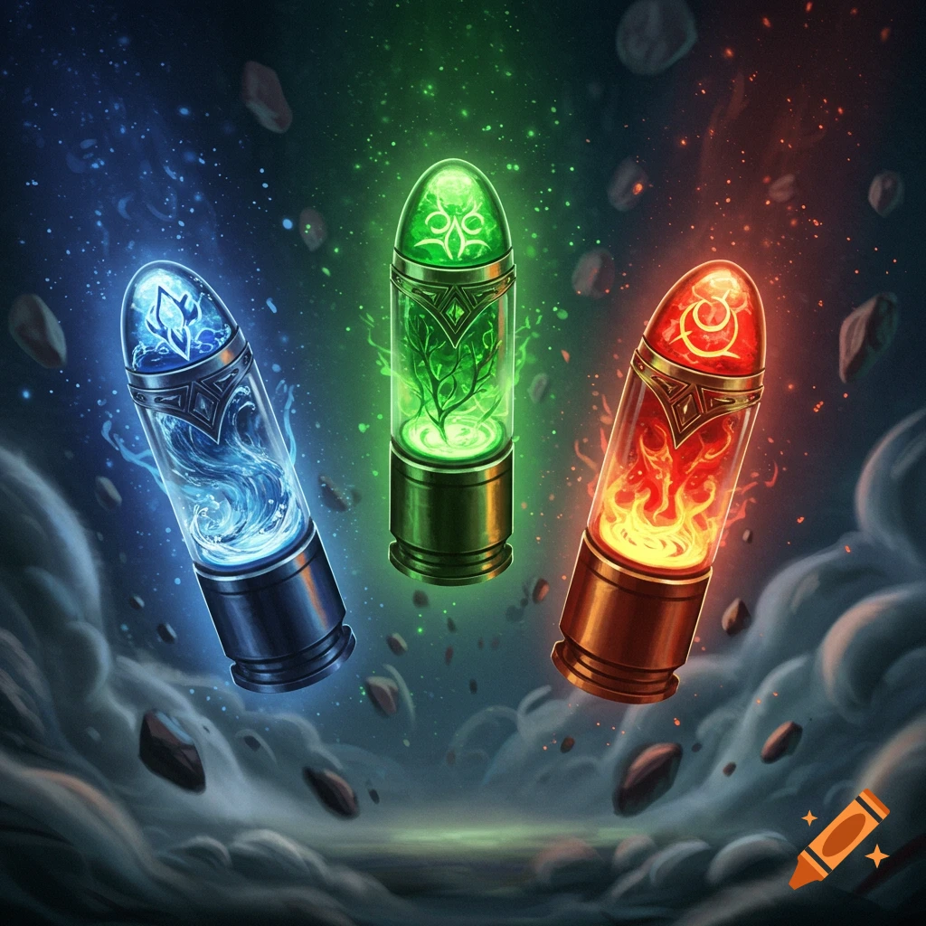 Three glowing magical bullets, blue with water, green with a plant, and red with fire, float in a cosmic, cloudy void.