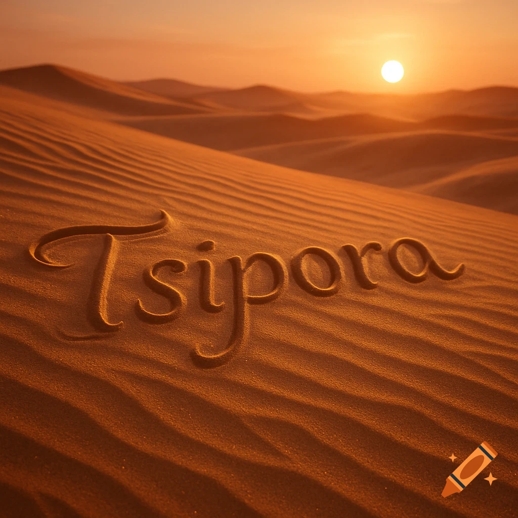 Photorealistic image of the name 'Tsipora' carved into the ripples of sand dunes at sunset in a desert.
