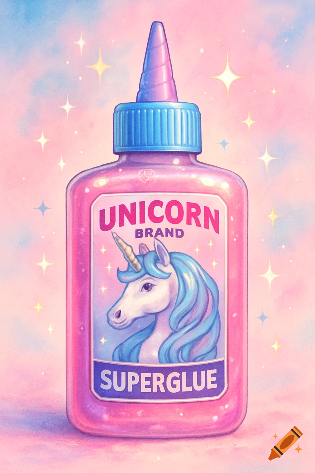 A stylized illustration of a pink 'Unicorn Brand Superglue' bottle with a unicorn on the label, set against a sparkly pink sky.